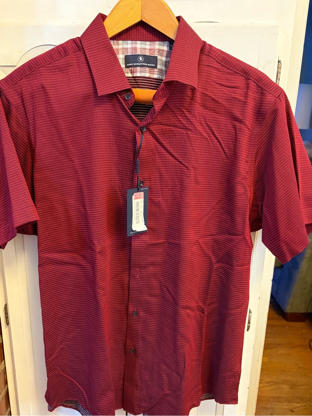 Hart Schaffner Marx Men’s Geometric Short Sleeve Button Shirt Spread Collar Red - Picture 2 of 9